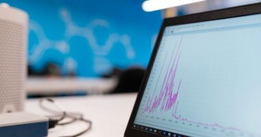 Laptop displaying a data analytics graph, representing schema markup's impact on search performance